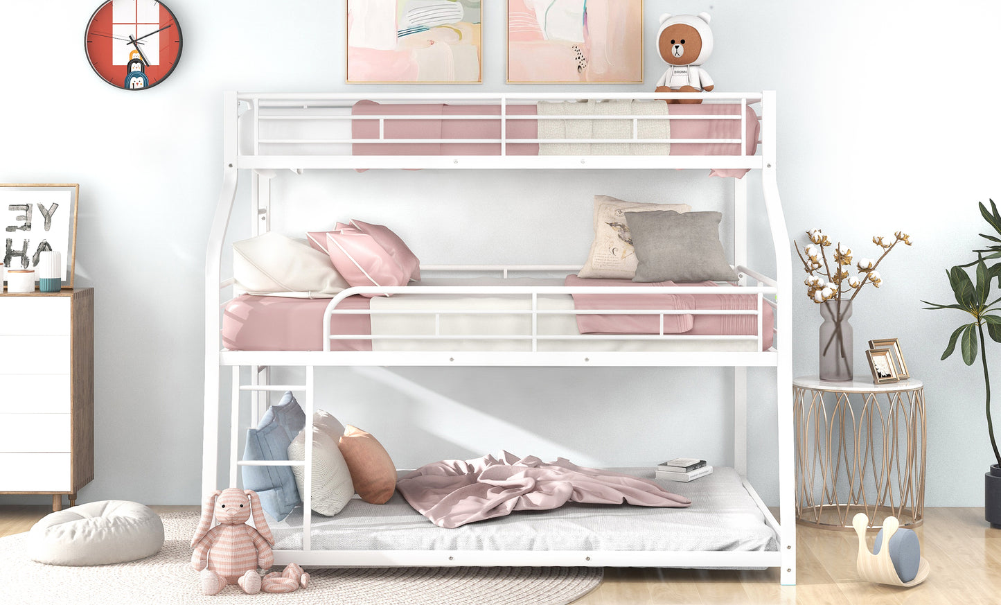 White Triple Bunk Bed with Twin XL/Full XL/Queen Sizes for Family-Friendly Spaces