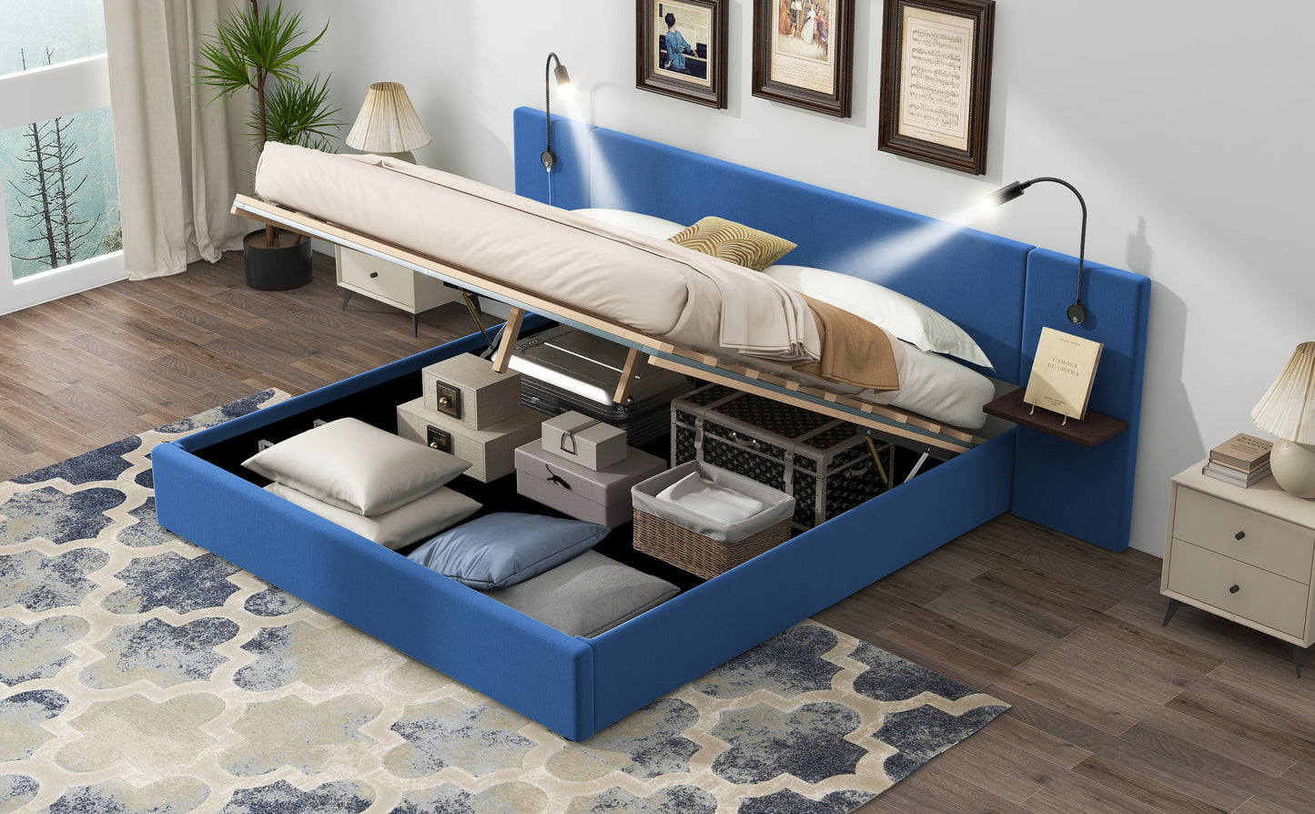 Queen Size Storage Upholstered Hydraulic Platform Bed with 2 Shelves, 2 Lights and USB, Blue