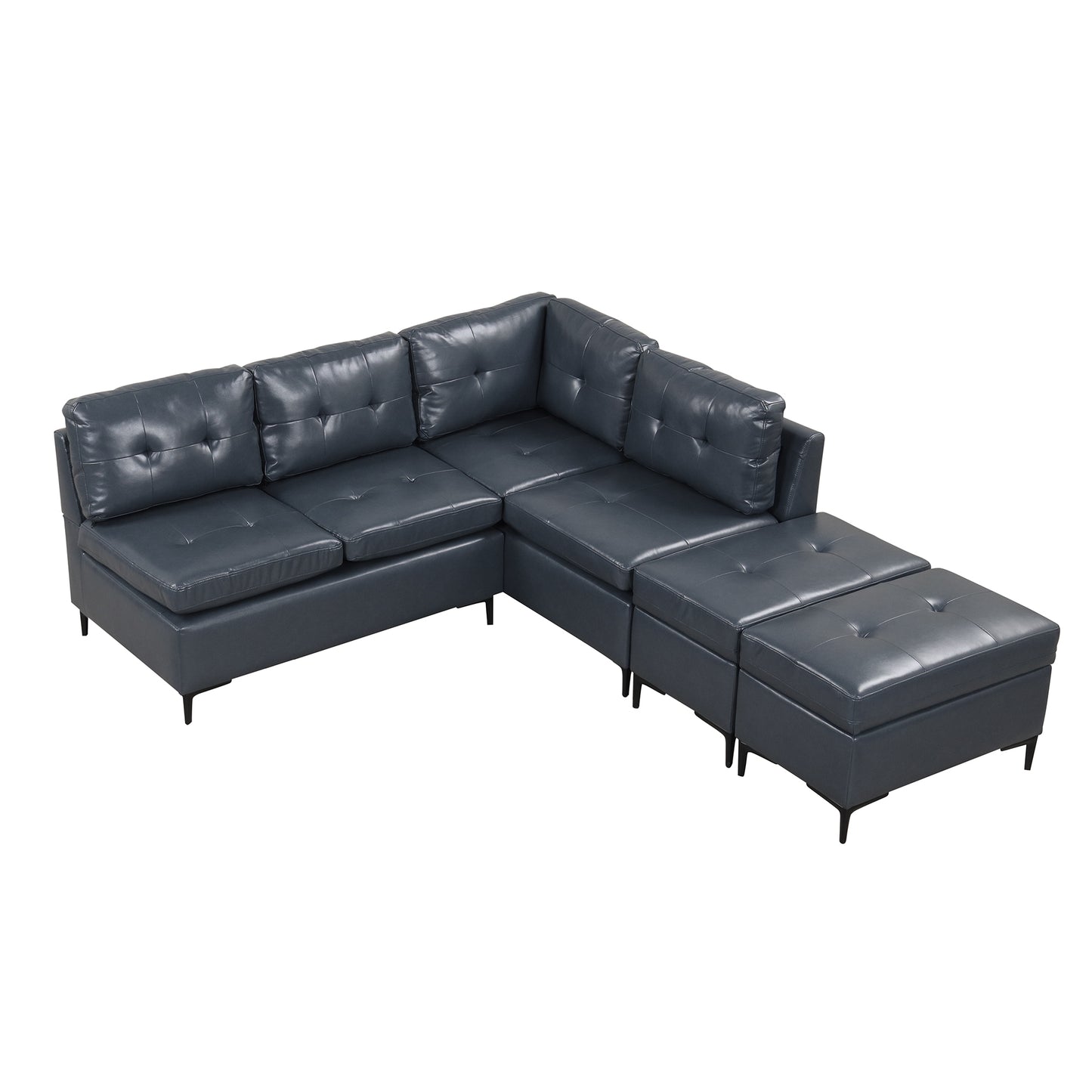 Blue L-Shaped Sectional Sofa Set with Movable Storage Ottomans