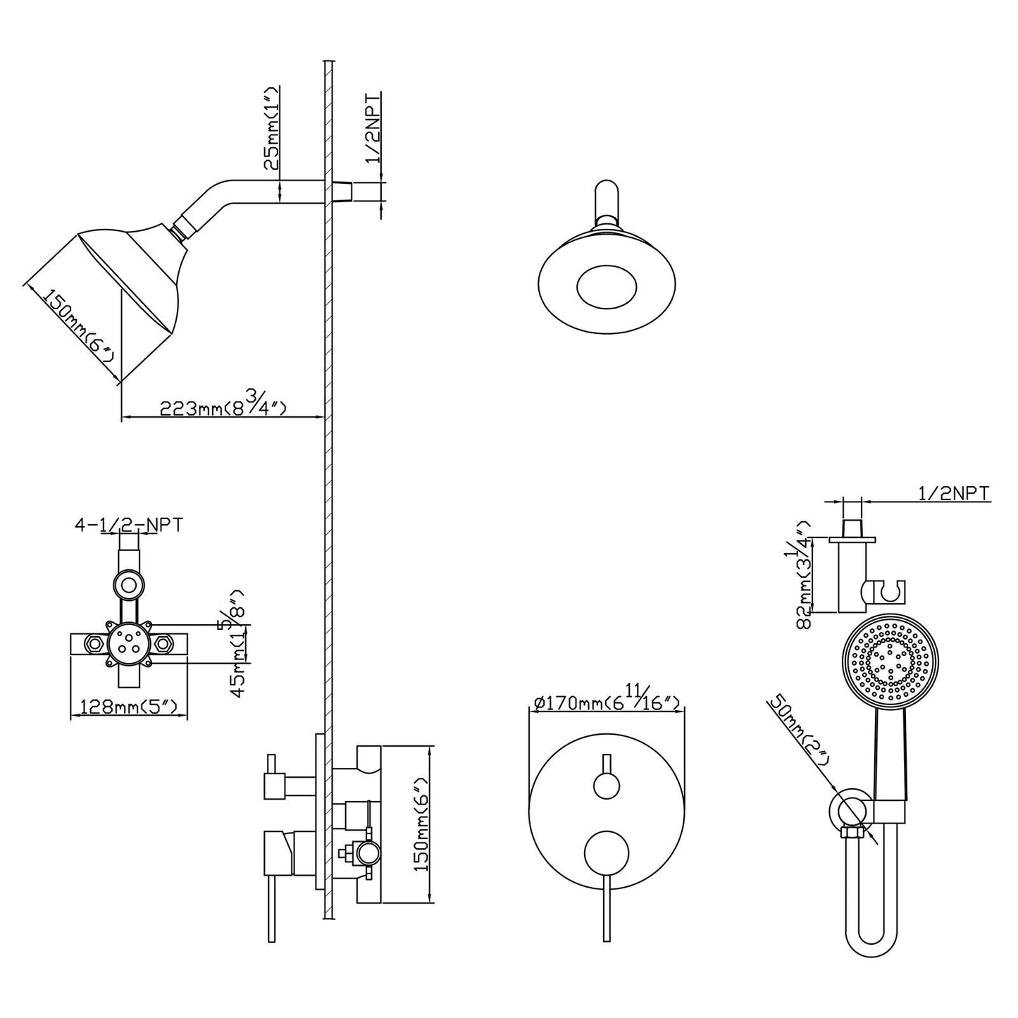 Matte Black Round Wall Mounted Rain Shower Faucet System with Hand Shower