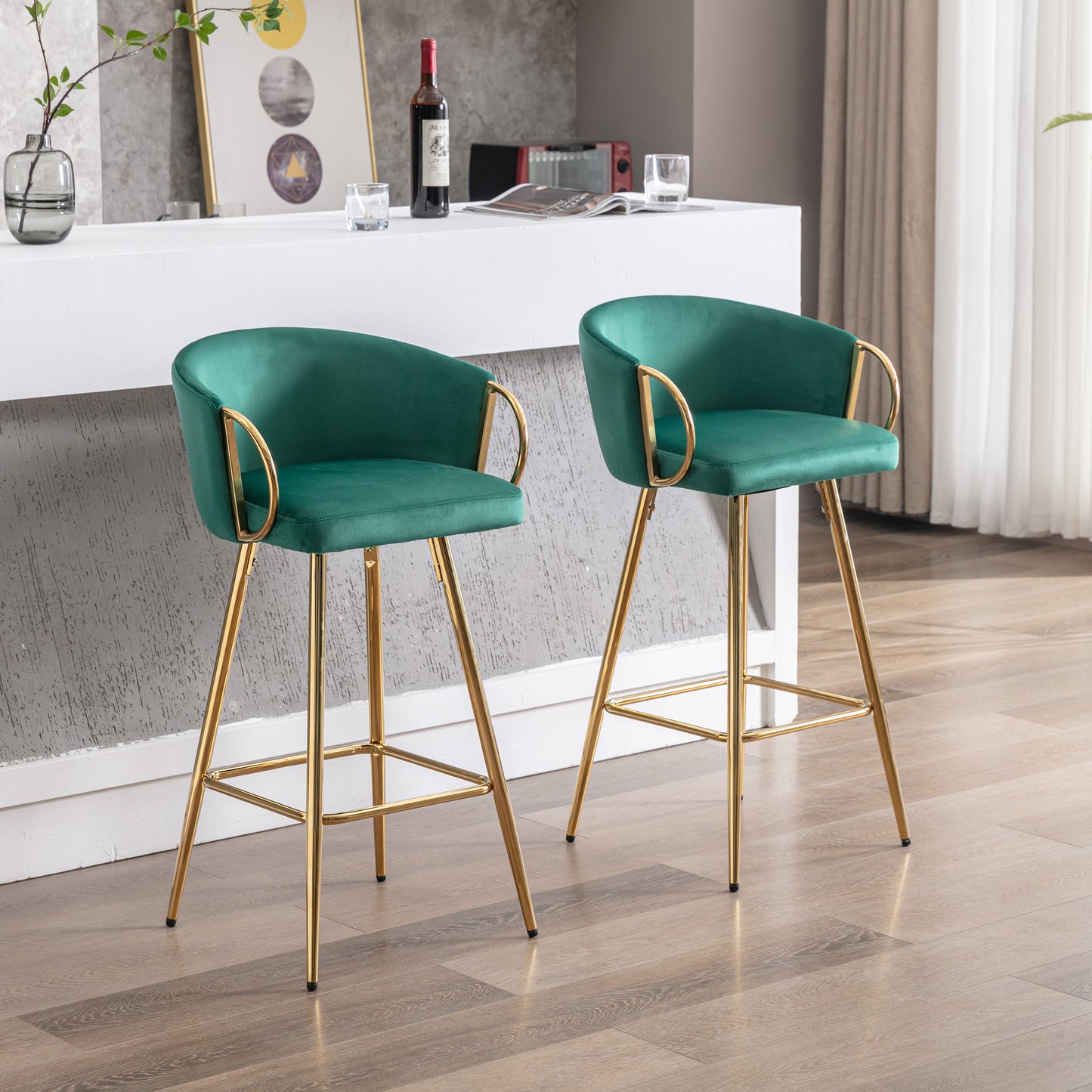 30 Inch Set of 2 Bar Stools,with Chrome Footrest and Base Velvet + Golden Leg Simple Bar Stool,GREEN