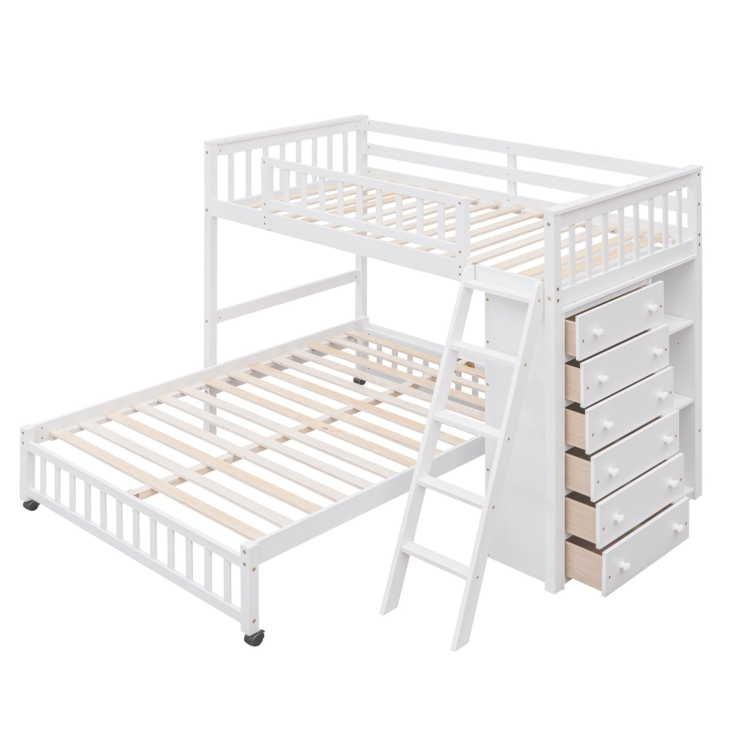 White Wooden Bunk Bed with Storage Drawers and Flexible Shelves, Twin Over Full Size Bed on Wheels