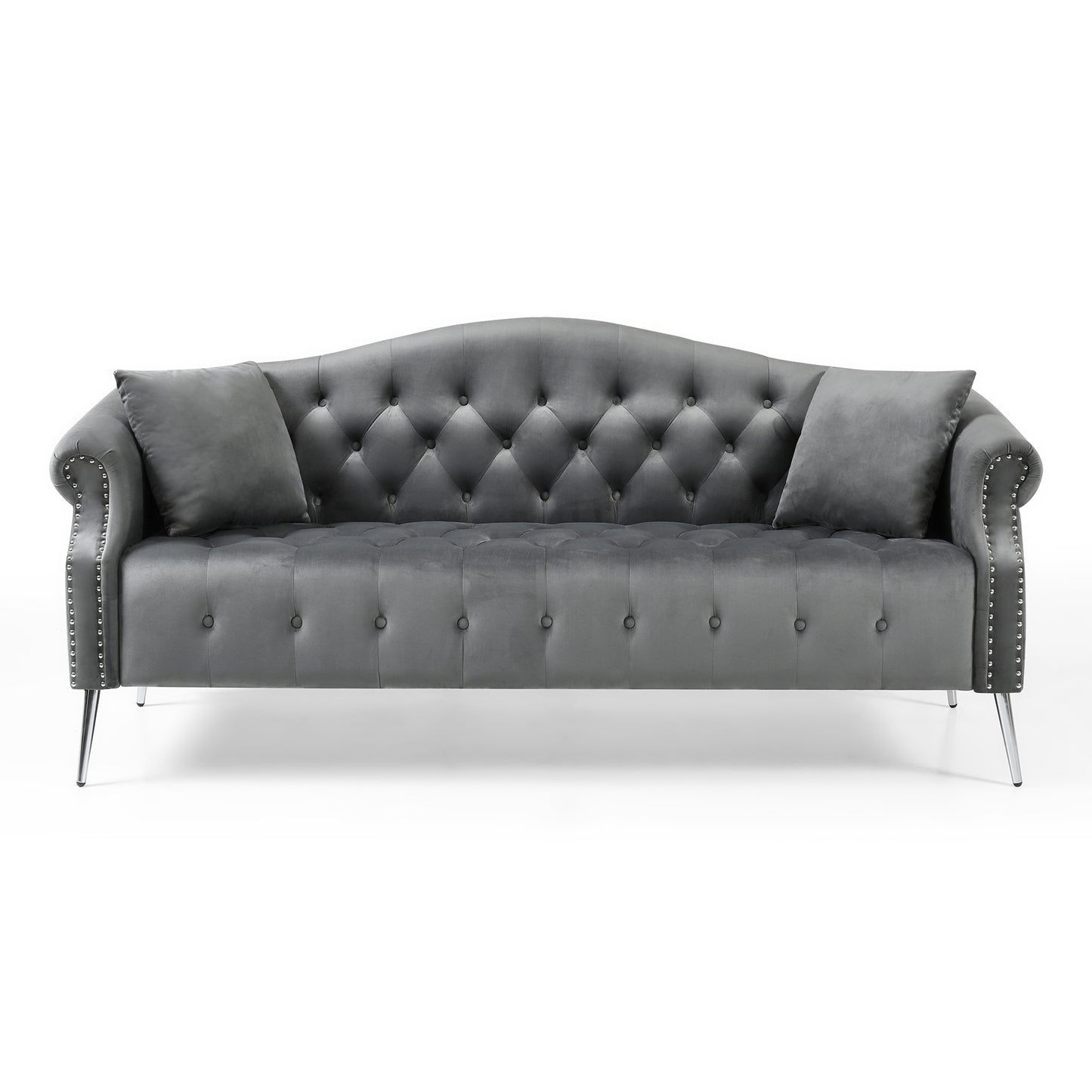 78.7 Classic Chesterfield Velvet Sofa Set with Silver Metal Legs, Grey