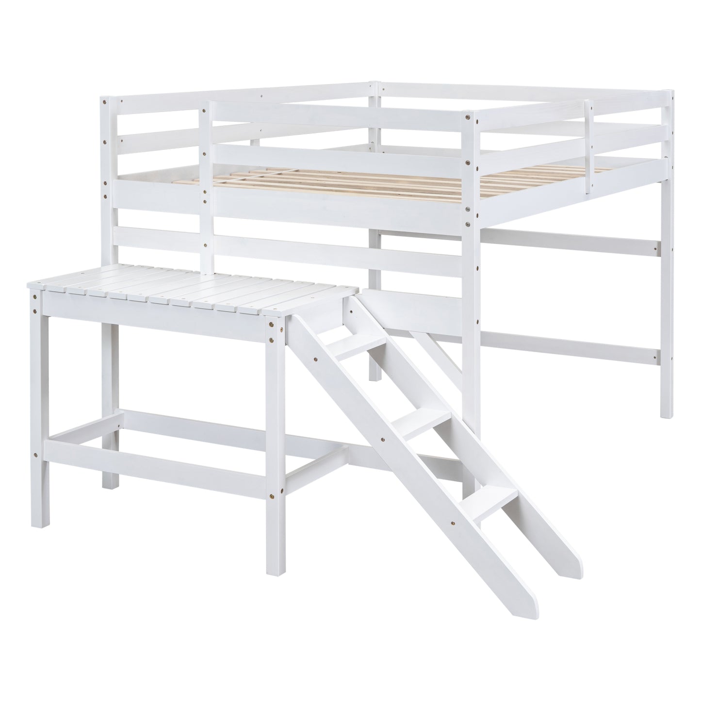 Full Loft Bed with Platform,ladder,White