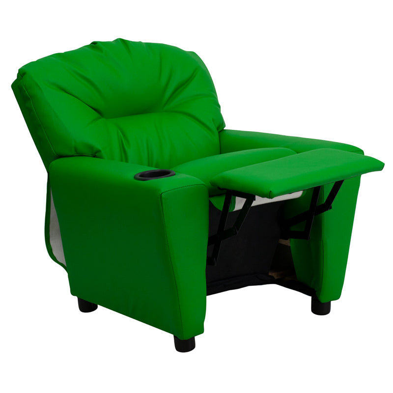 Contemporary Green Vinyl Kids Recliner with Cup Holder