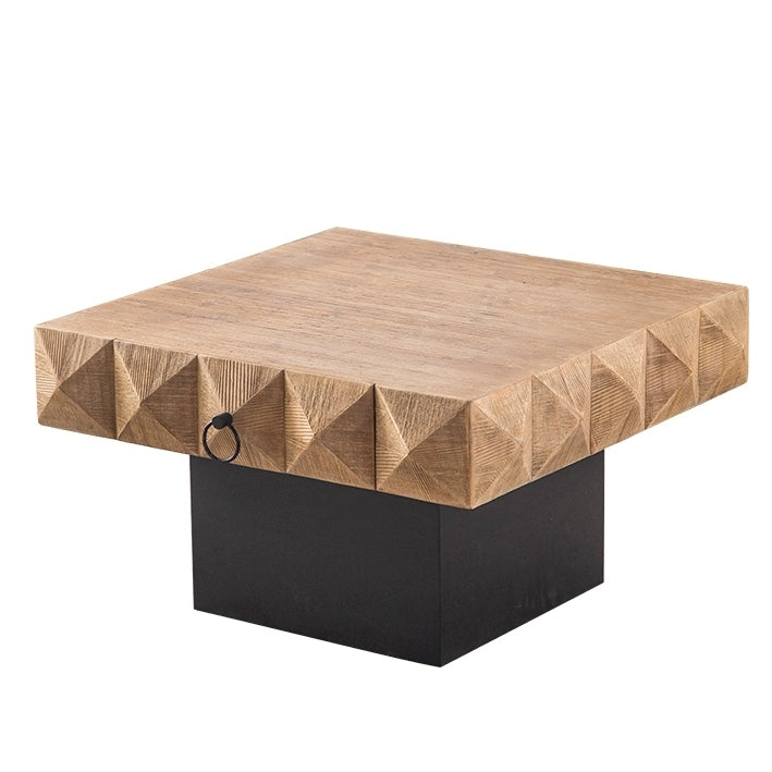 Square Vintage Coffee Table with 3D Embossed Pattern, Drawers, and Solid Wood Base