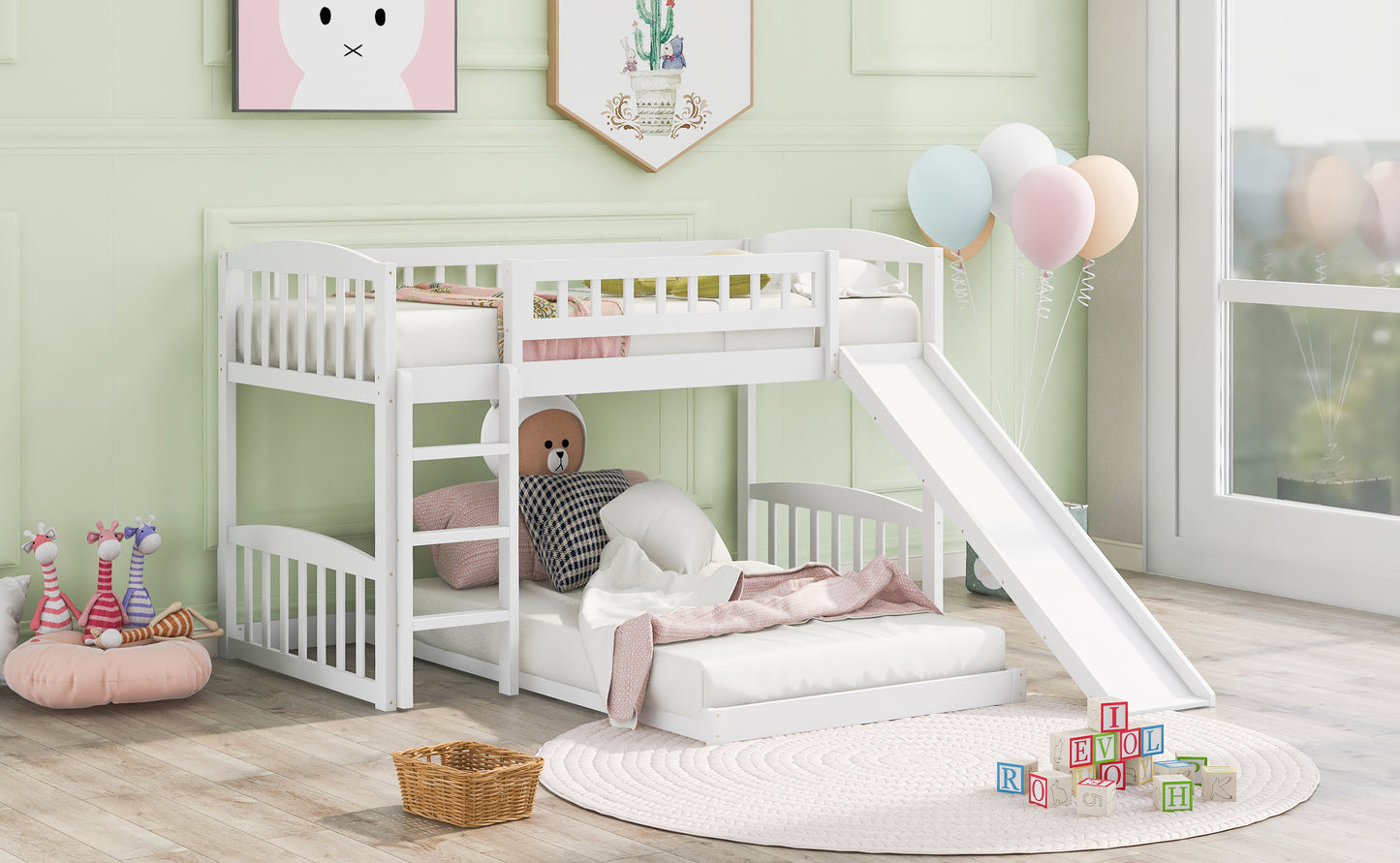 White Twin Bunk Bed with Slide, Ladder, and Space-Saving Design