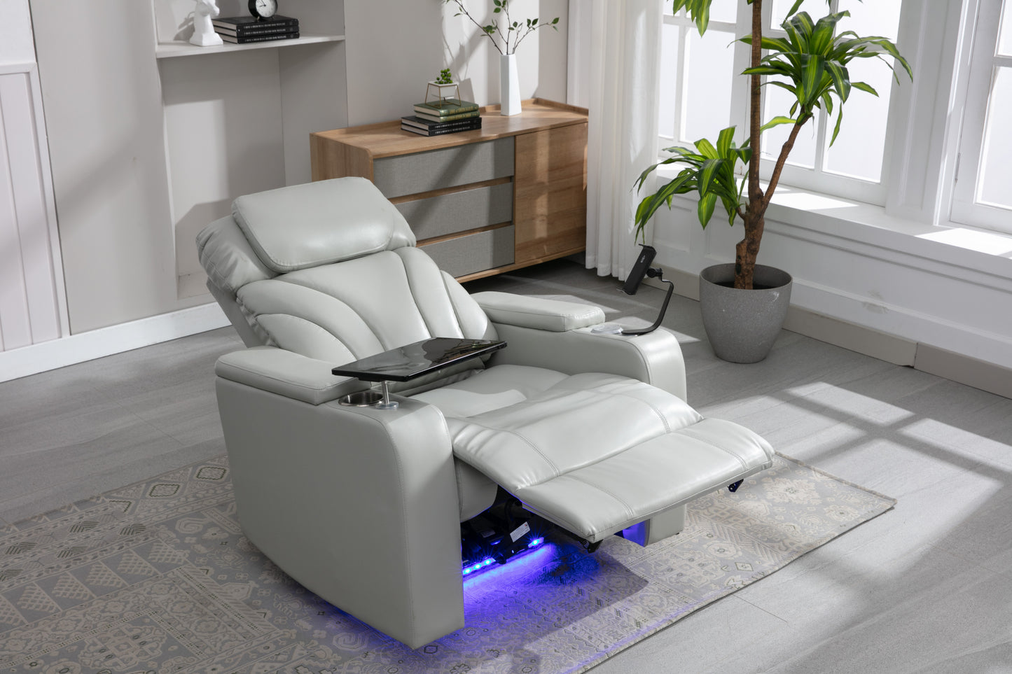 Ergonomic Power Motion Recliner with USB Charging and Hidden Storage, Home Theater Seating with Stereo and Cup Holder (Light Grey)