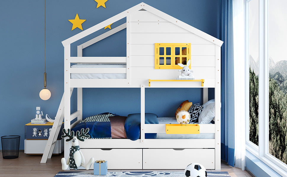 White Playhouse-Inspired Twin Bunk Bed with Storage and Roof