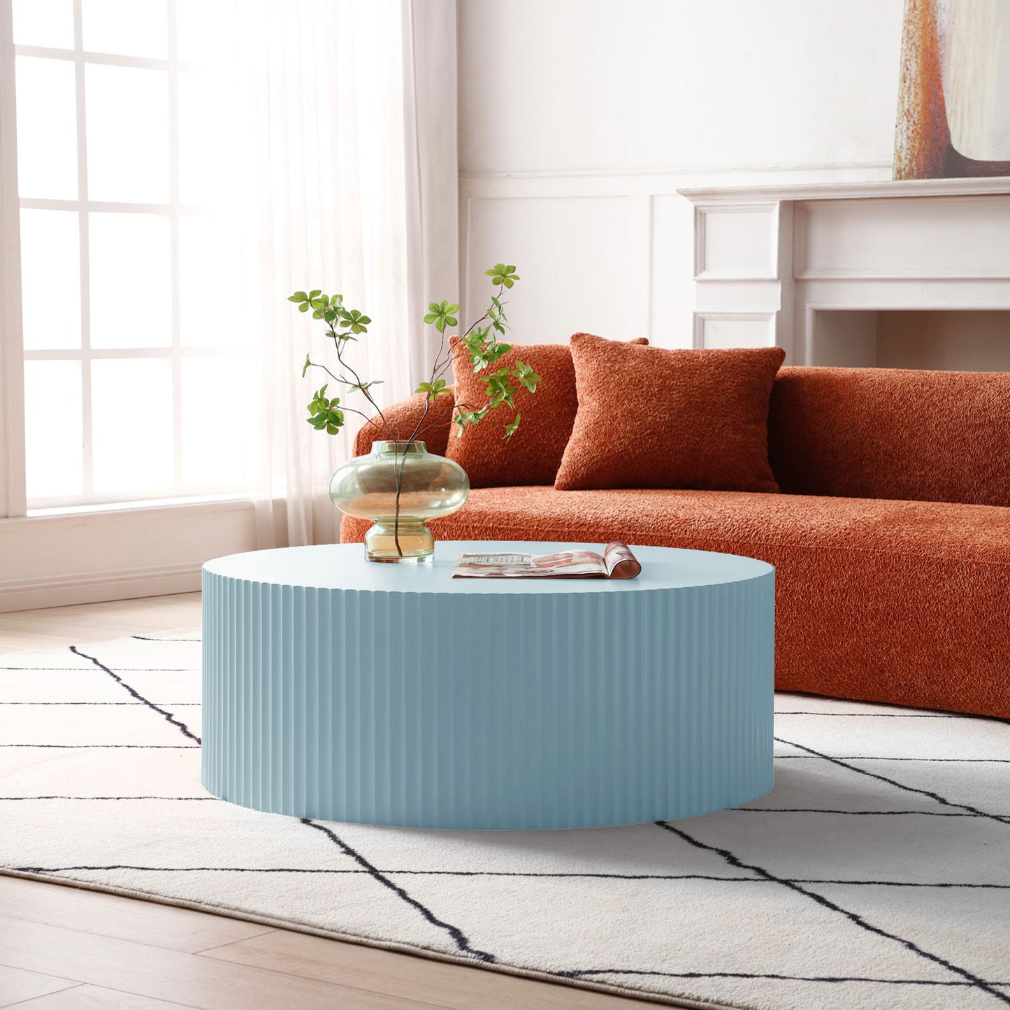 Elegant Light Blue Handcrafted Round Coffee Table with Relief Detailing