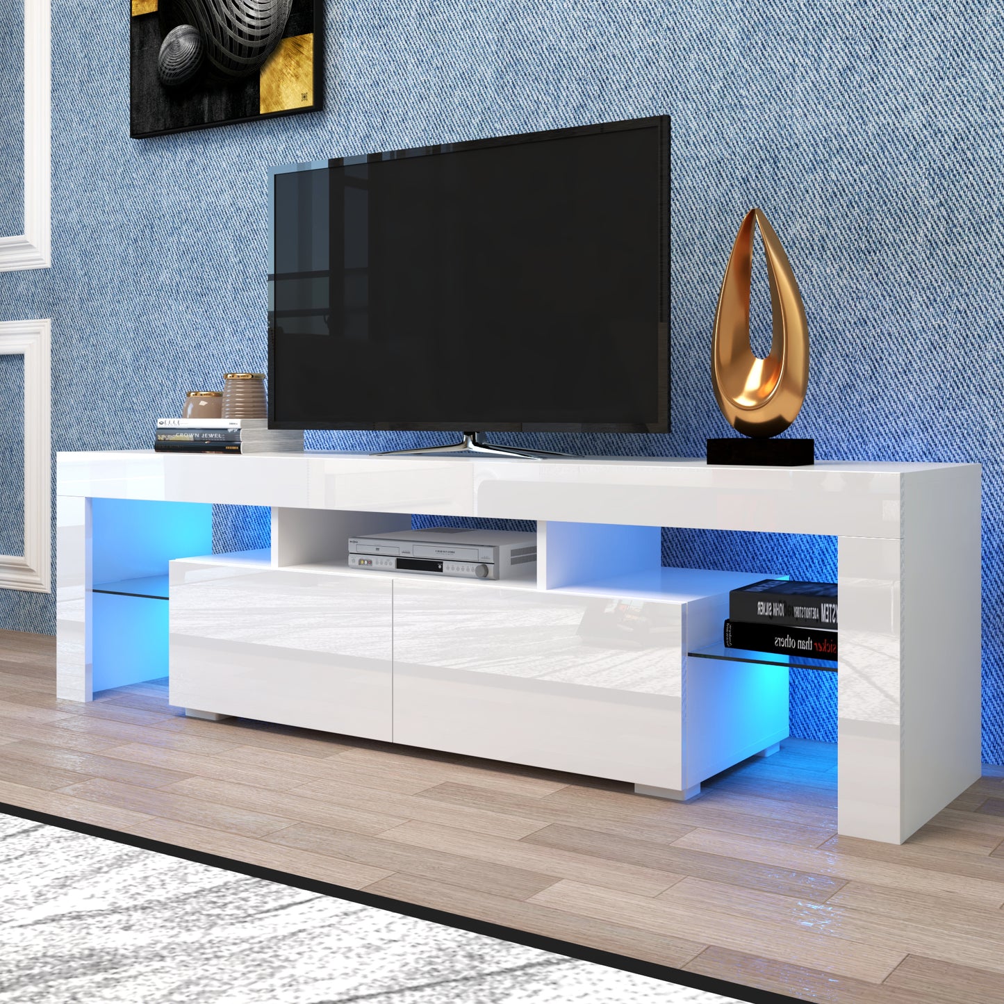 LED TV Stand with Remote Controlled Lights in Modern White, 20 Color Options