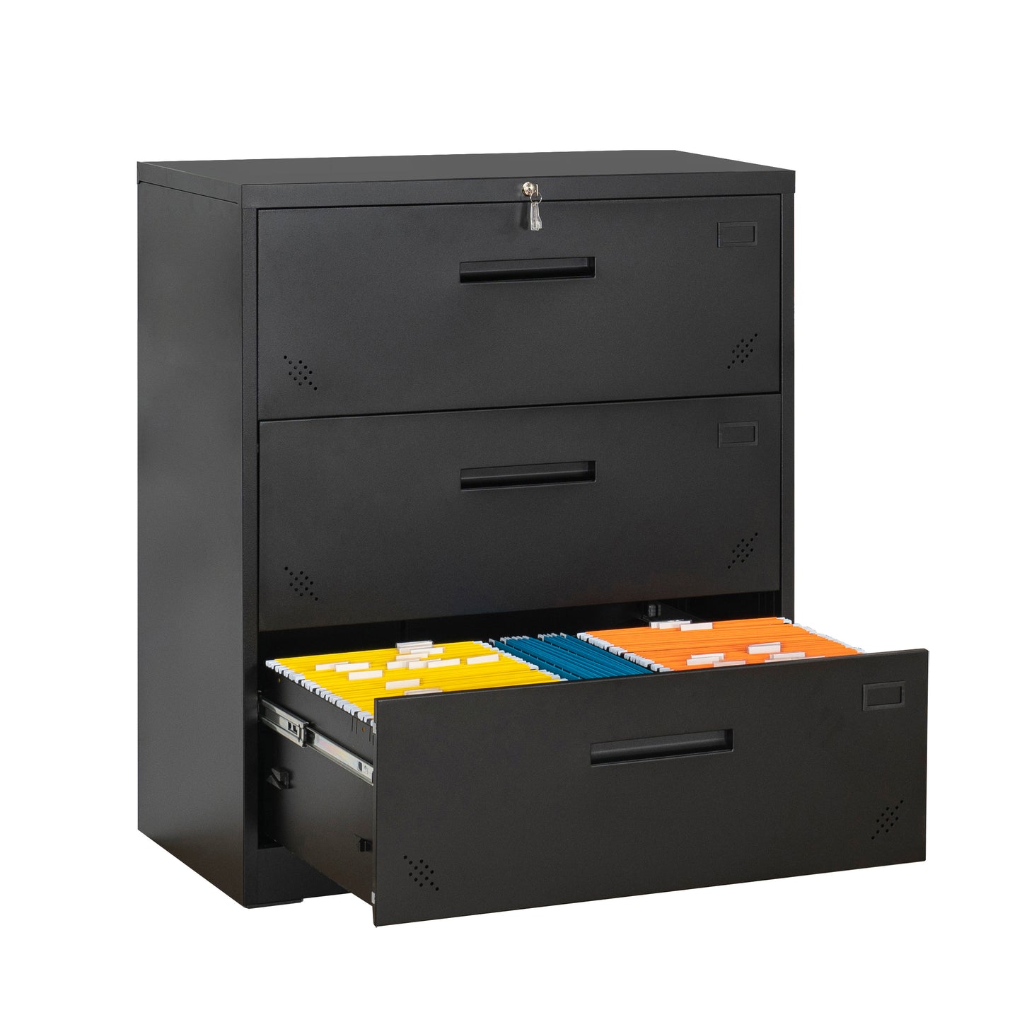 Steel 3-Drawer Lockable Lateral Filing Cabinet for Legal/Letter A4 Size, Black