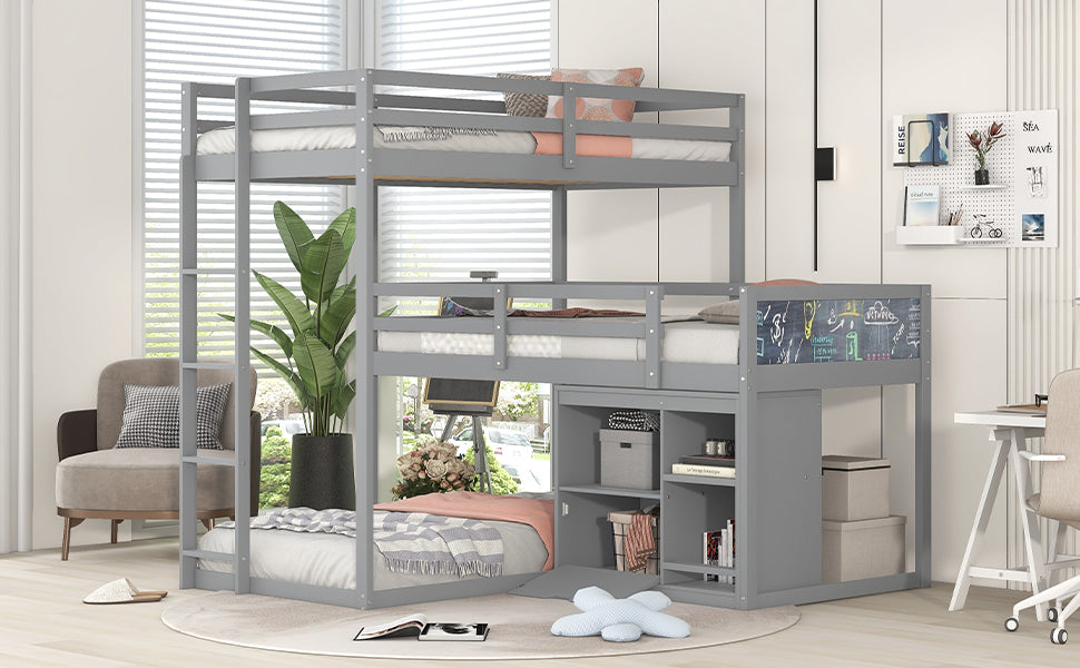 Gray L-shaped Triple Bunk Bed with Storage and Blackboard