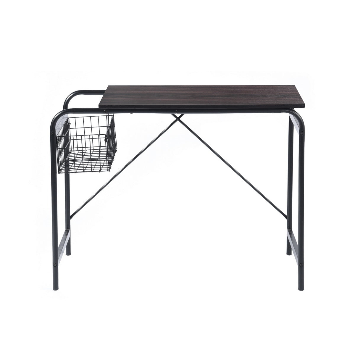 Compact Modern 31.5 Computer Desk with Wire Storage Basket - Walnut & Black