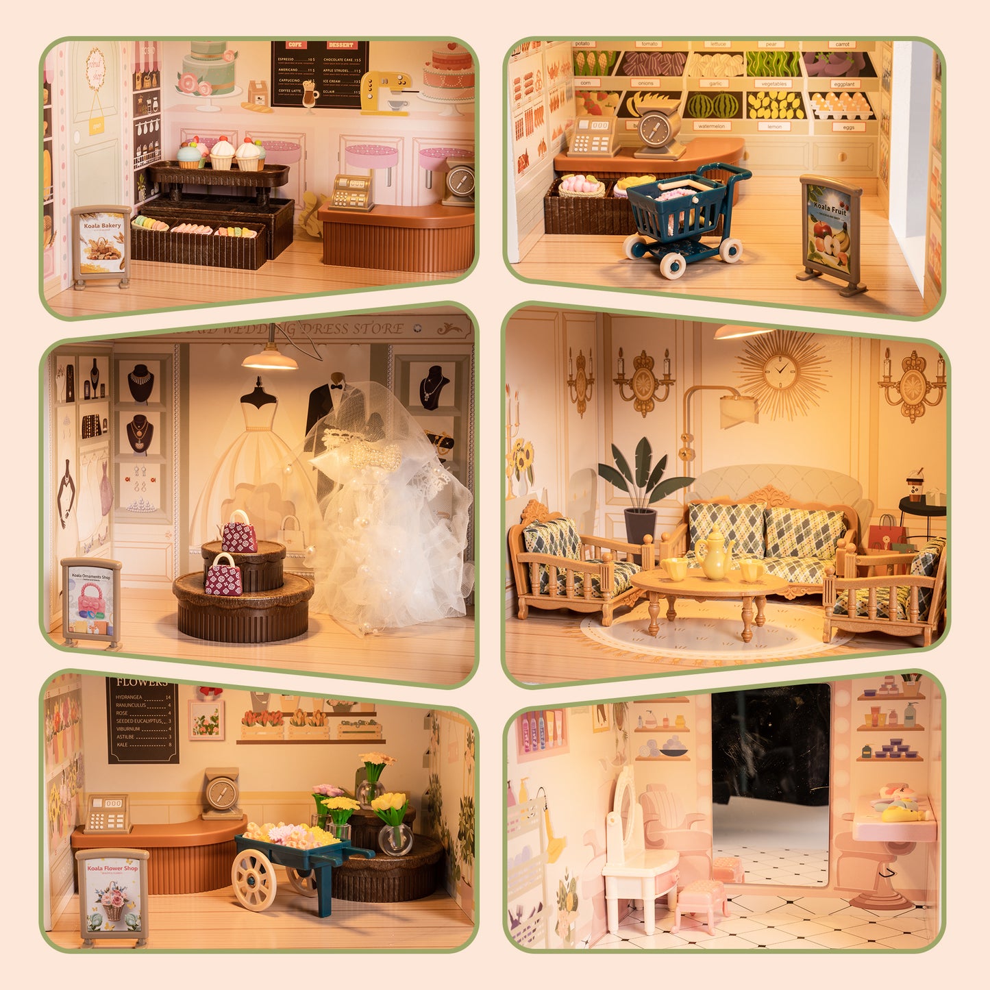 Wooden Shopping Mall Dollhouse with Functional Areas for Imaginative Play