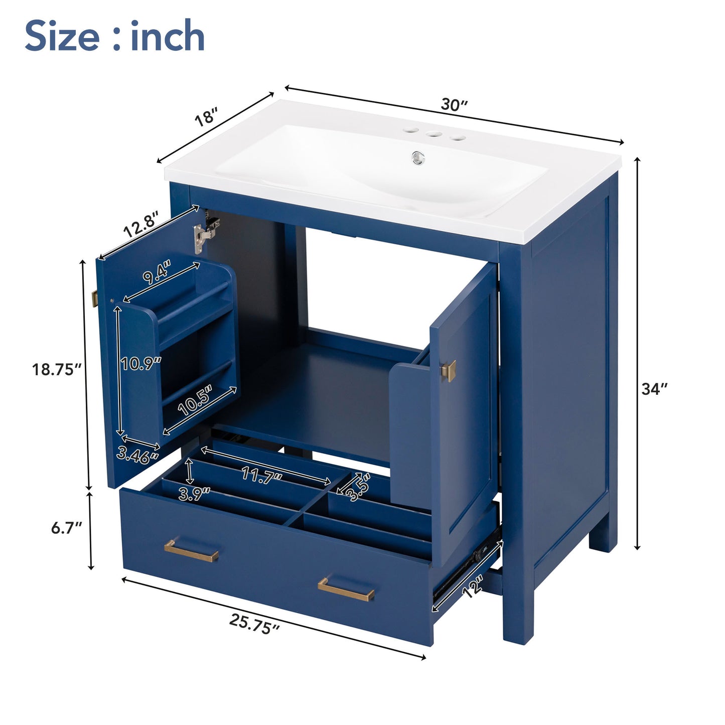 30" Blue Bathroom Vanity with Single Sink, Combo Cabinet Undermount Sink, Bathroom Storage Cabinet with 2 Doors and a Drawer, Soft Closing, Multifunctional Storage, Solid Wood Frame