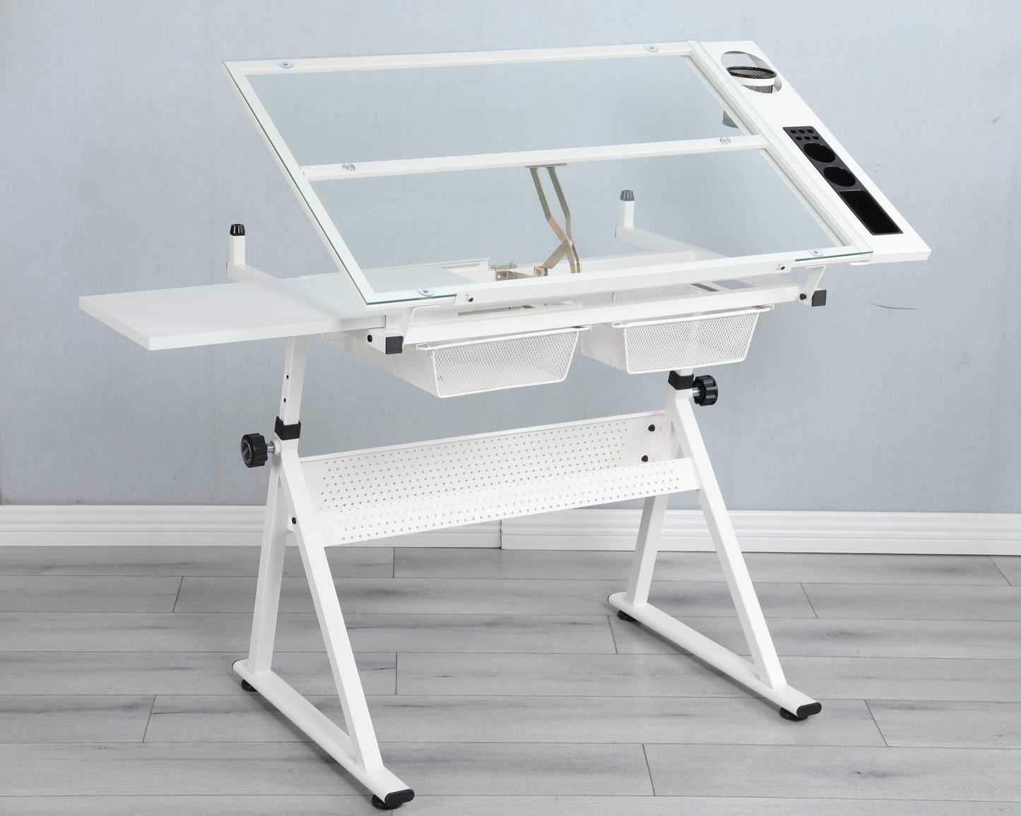 Adjustable Glass Drafting Table Set with White Chair
