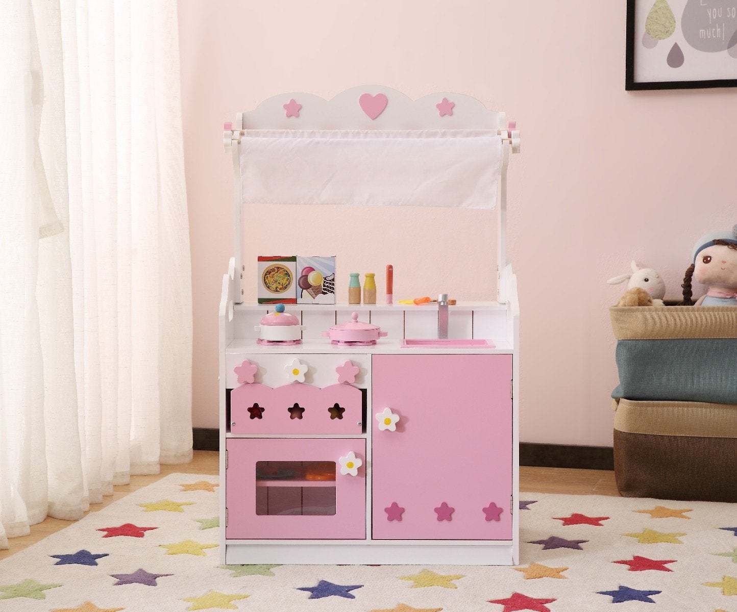 Pretend Kitchen and Market Stall - Pink 2-in-1 Playset for Kids