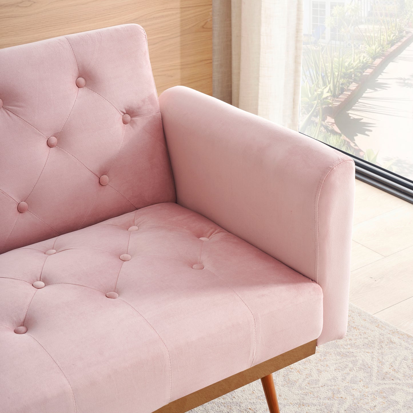 Elegant Pink Velvet Sofa Bed with Nail Head Accents and Throw Pillow