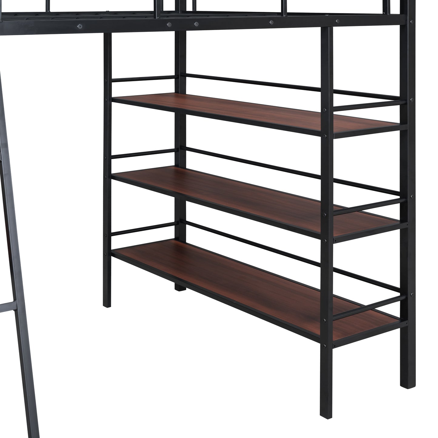 Full Size Loft Metal Bed with 3 Layers of Shelves and Desk, Stylish Metal Frame Bed with Whiteboard, Black