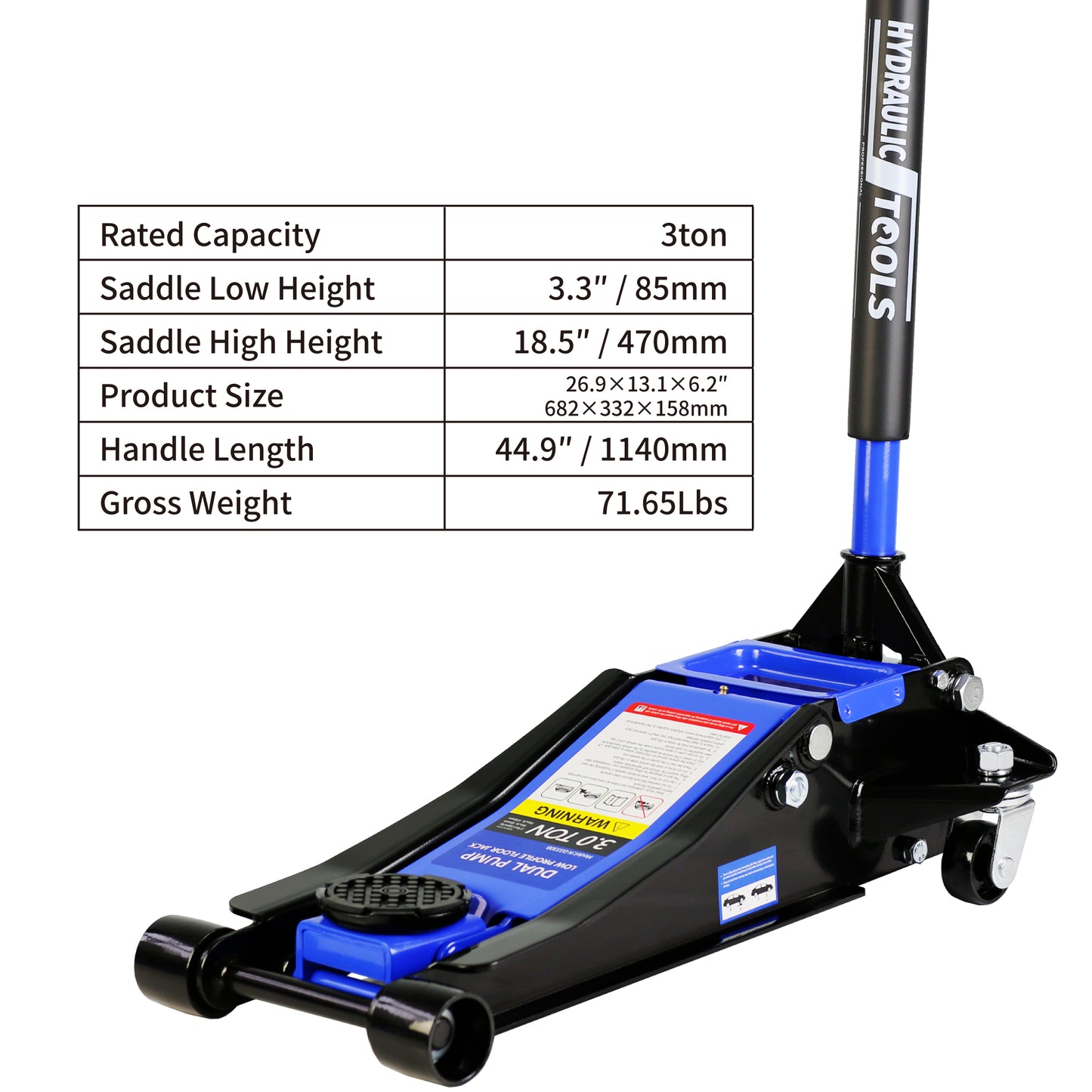 Hydraulic Racing Floor Jack 3 Ton (6600 lb) Capacity, Dual Piston Pump, Blue, Lifting Range 3.3-18.5