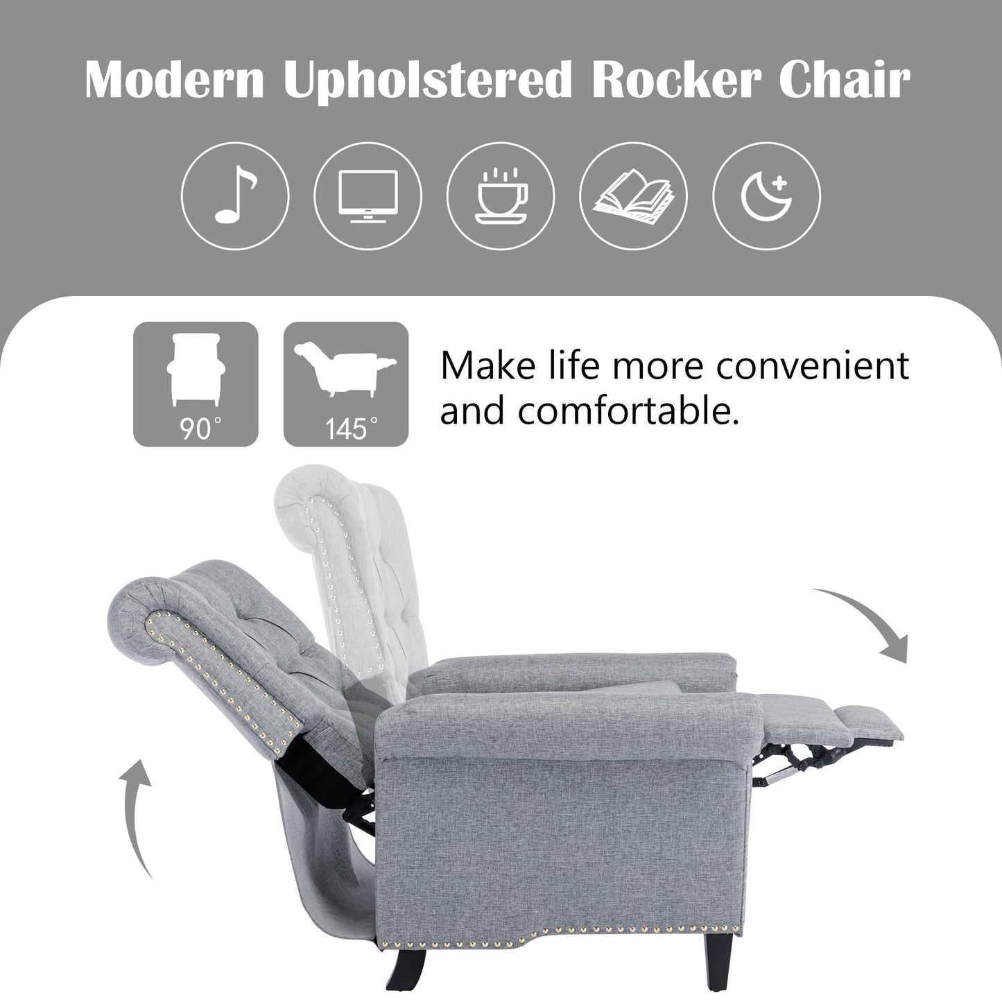 Elegant Gray Linen Recliner Sofa with Tufted Back and Nailheads Roll Arm