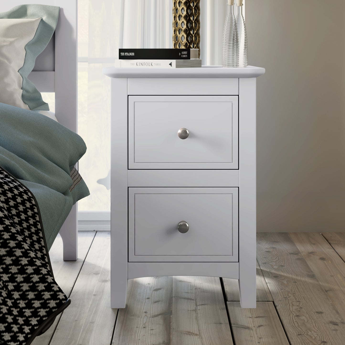 2 Drawers Solid Wood Nightstand End Table in White