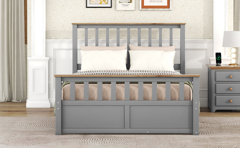 Full Size Wood Platform Bed with Two Drawers and Wooden Slat Support,Gray+Natrual