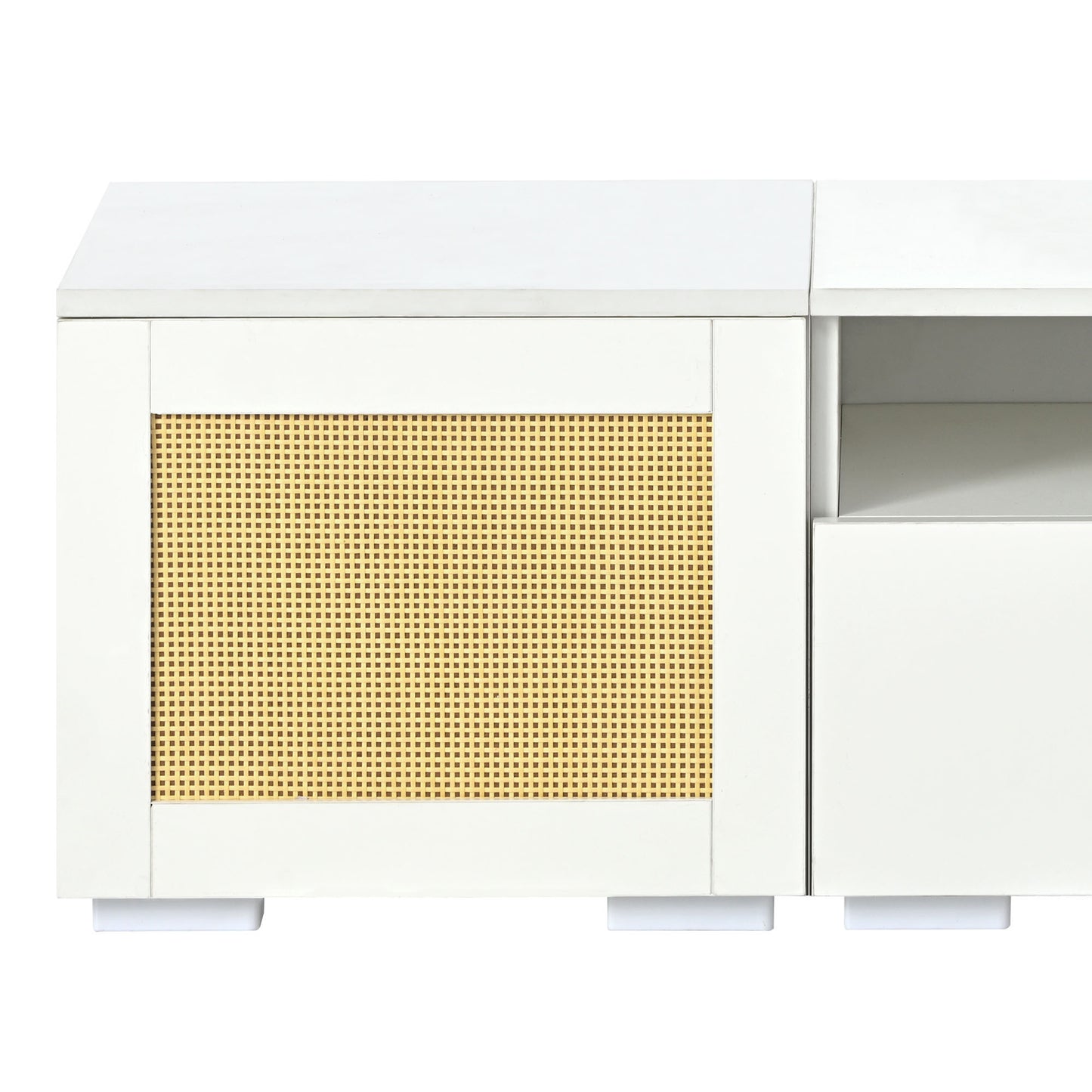 Modern White LED Entertainment Center with Rattan Style Accents and Color Changing Lights