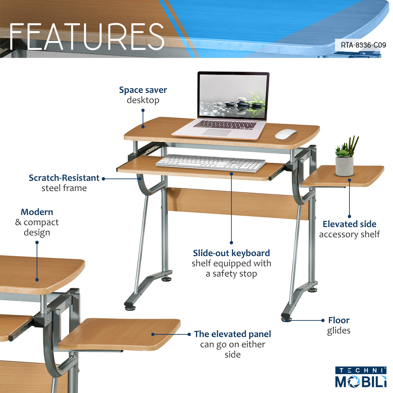 Cherry Compact Computer Desk with Side Shelf, Keyboard Panel, and Solid Wood Filler Steel Base