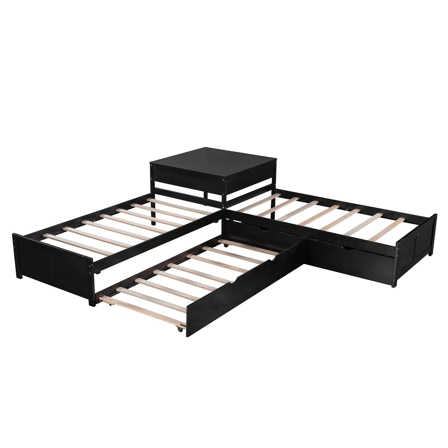 L-shaped Platform Bed with Trundle and Drawers Linked with built-in Desk,Twin,Espresso