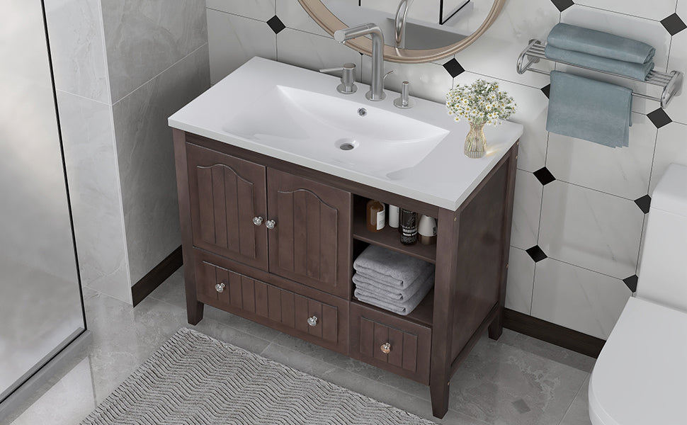 36" Bathroom Vanity with Ceramic Basin, Bathroom Storage Cabinet with Two Doors and Drawers, Solid Frame, Metal Handles, Brown