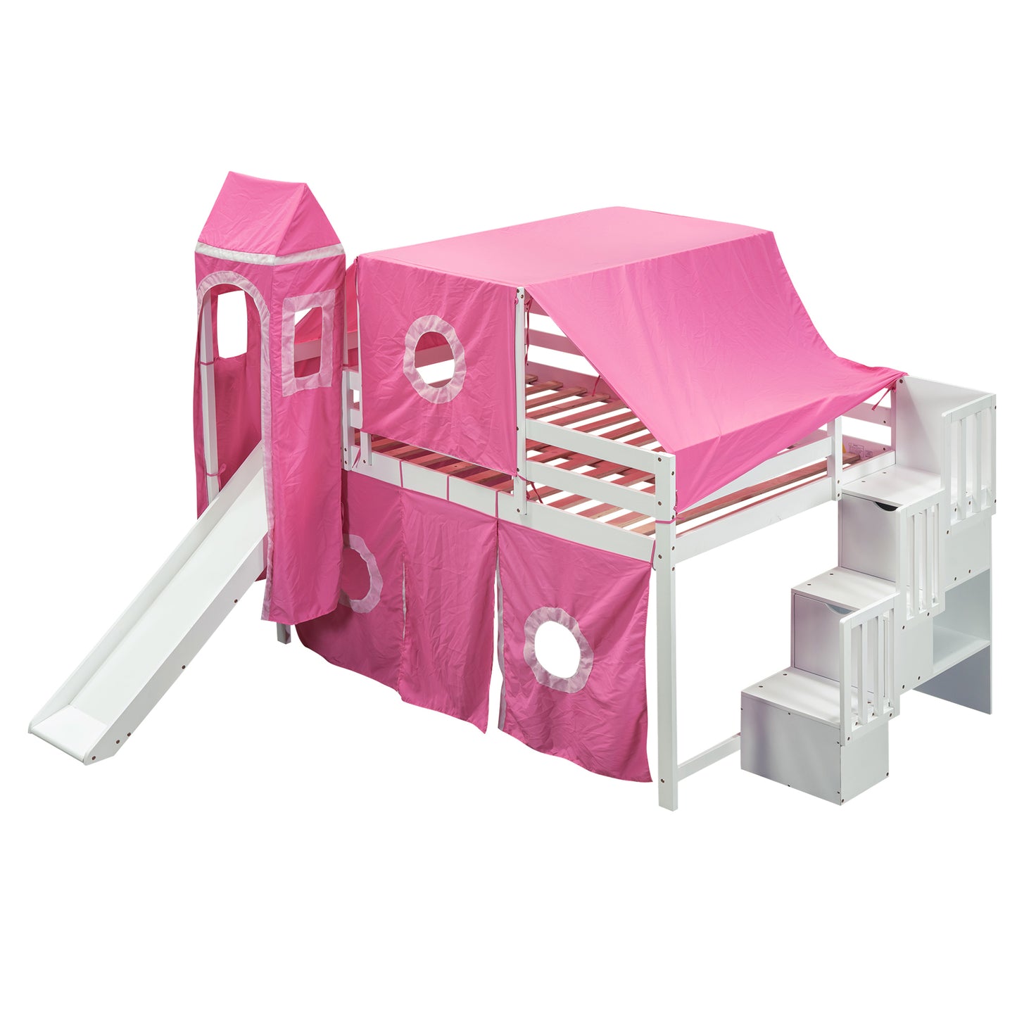 Full Size Loft Bed with Tent and Tower - Pink