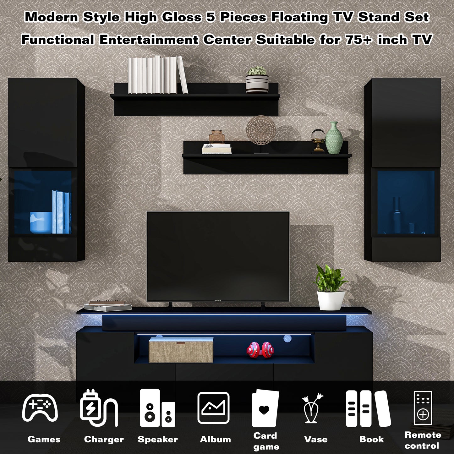 5-Piece Modern Black Floating TV Stand Set with LED Lights