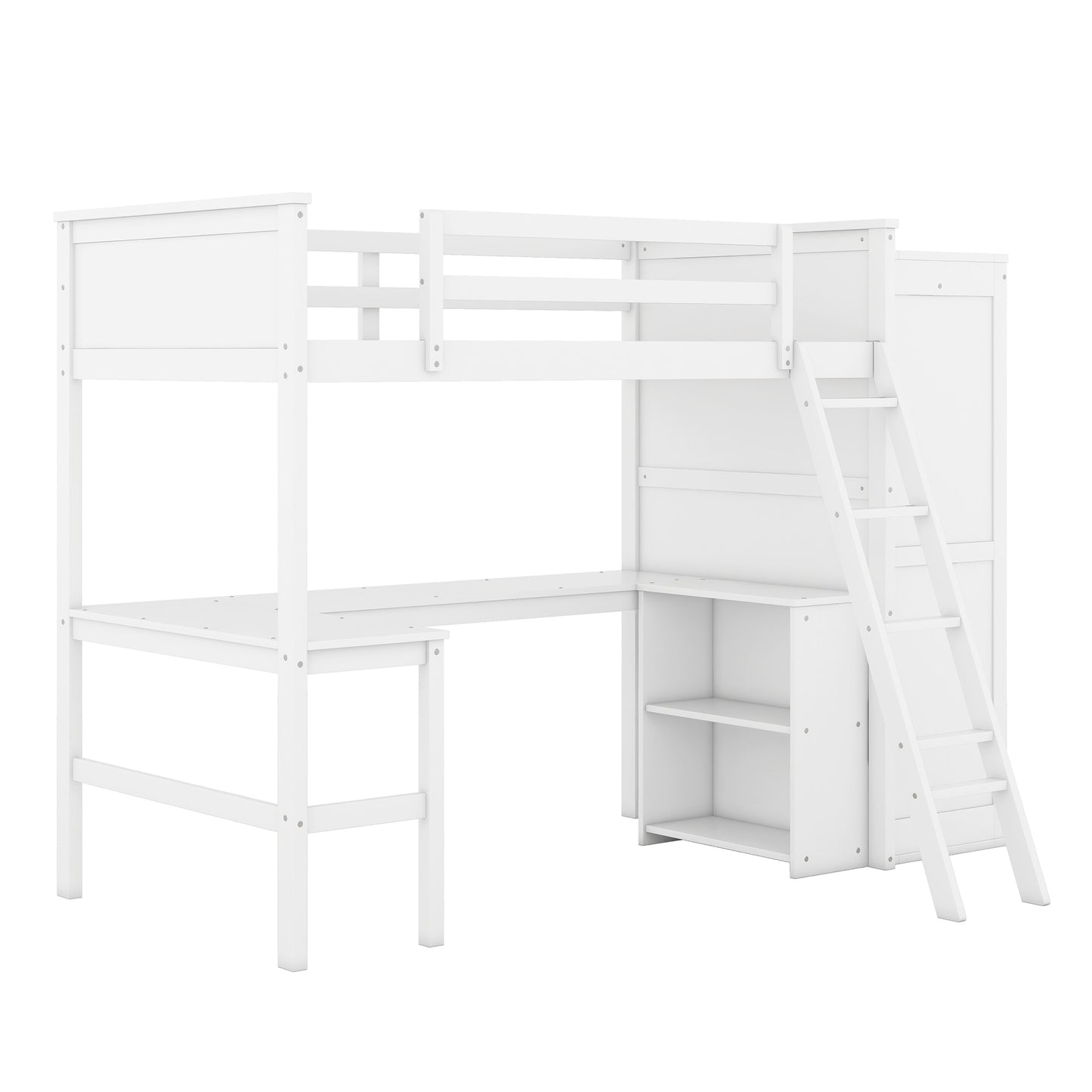 Twin size Loft Bed with Desk, Shelves and Wardrobe-White