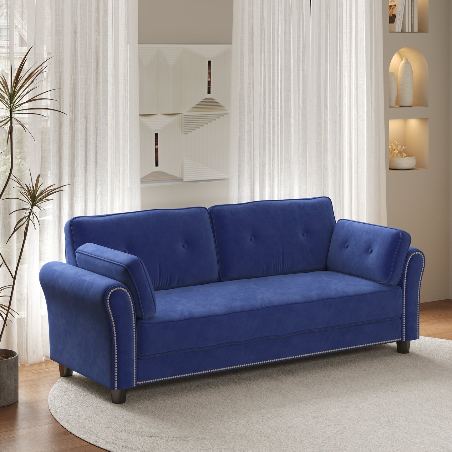 2067 Velvet Upholstered Sofa with Nail Head Trim and Button Back Design