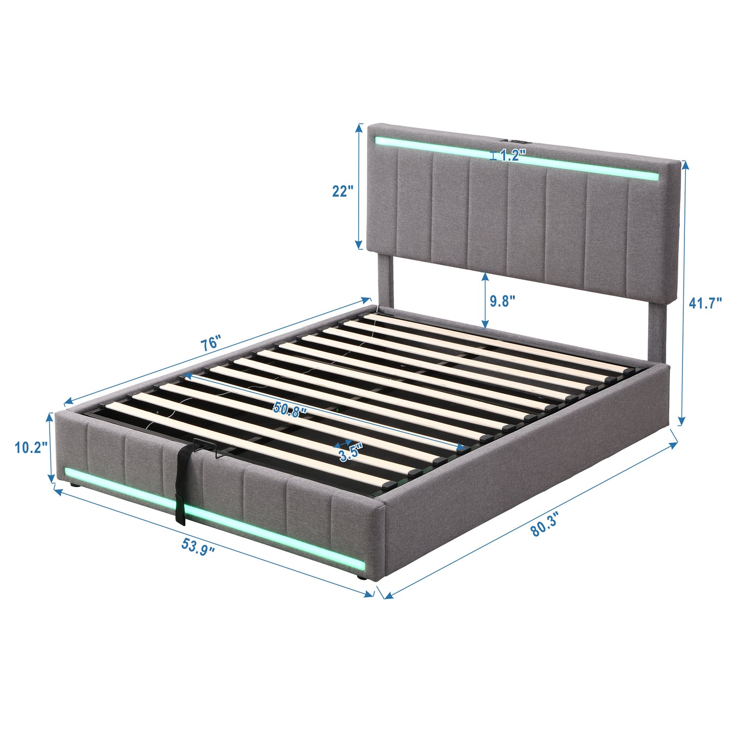 Full Size Upholstered Platform Bed with Hydraulic Storage System, LED Light, and a set of USB Ports and Sockets, Linen Fabric, Gray