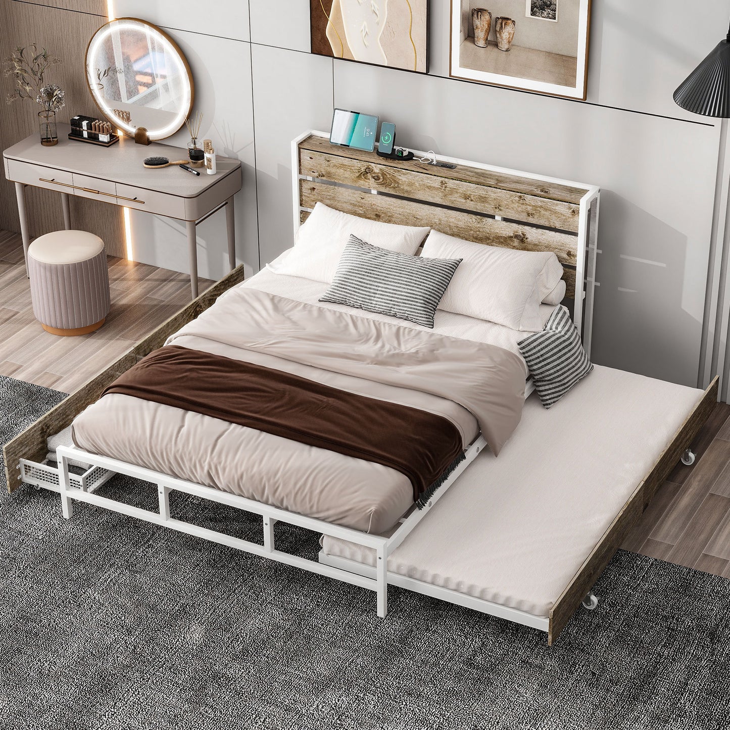 Metal Platform Bed With Drawers and trundle, Sockets and USB Ports, Queen, White