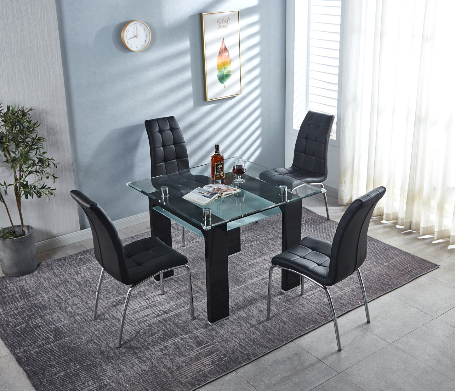 5 Pieces Modern dining set, Square Double-Layer Tempered Glass Dining Table with 4 Lattice Design Leatherette Dining Chair