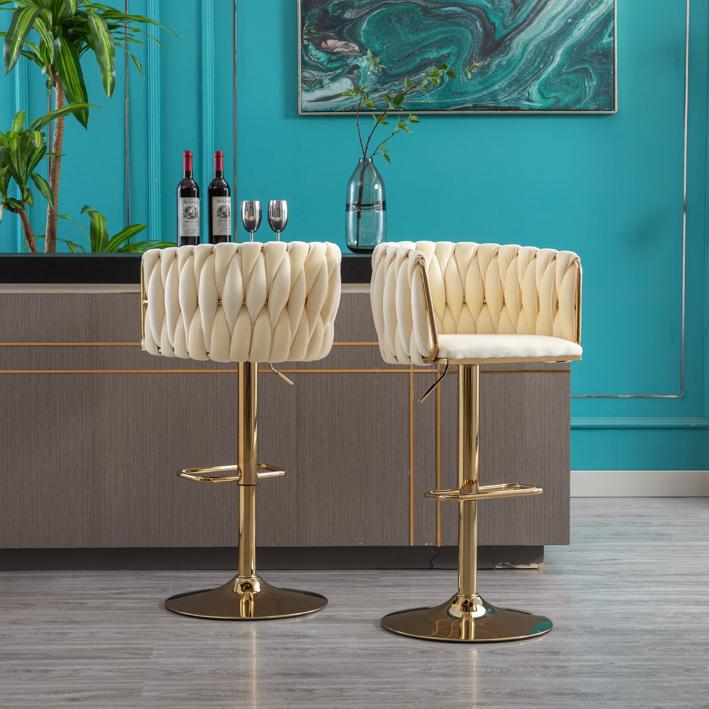 Set of 2 Bar Stools,with Chrome Footrest and Base Swivel Height Adjustable Mechanical Lifting Velvet + Golden Leg Simple Bar Stoo,Ivory