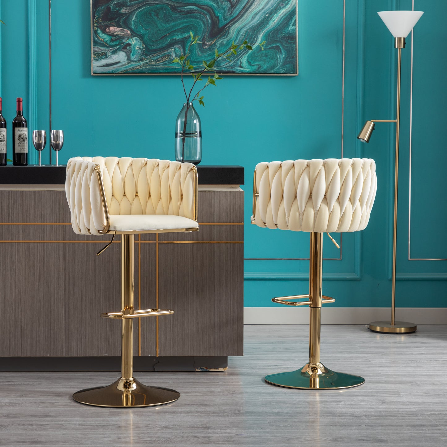 Set of 2 Bar Stools,with Chrome Footrest and Base Swivel Height Adjustable Mechanical Lifting Velvet + Golden Leg Simple Bar Stoo,Ivory