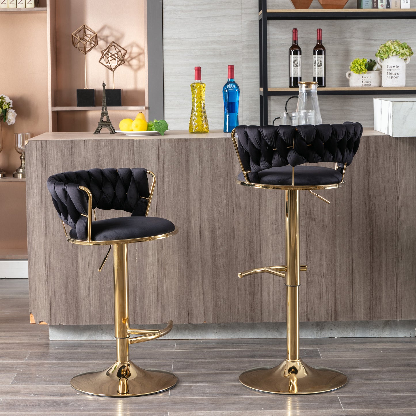 Set of 2  Bar Stools,with Chrome Footrest and Base Swivel Height Adjustable Mechanical Lifting Velvet + Golden Leg Simple Bar Stool-Black