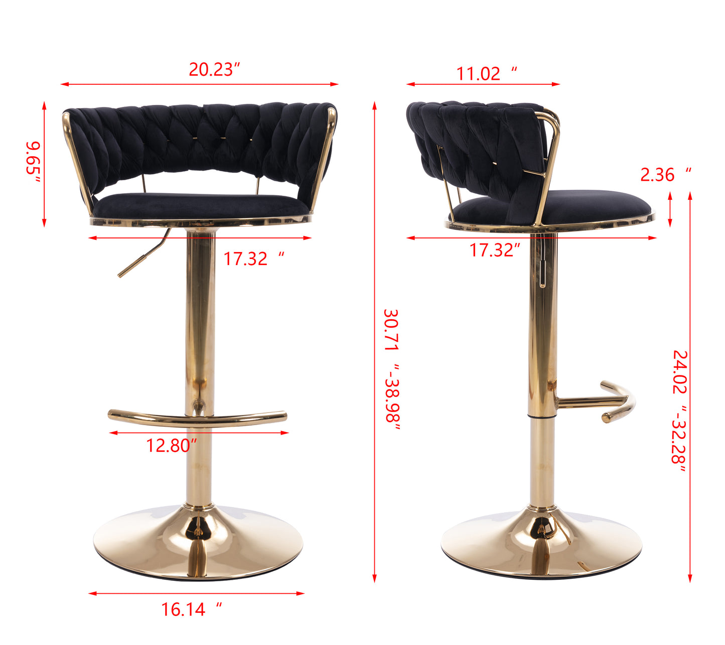 Set of 2  Bar Stools,with Chrome Footrest and Base Swivel Height Adjustable Mechanical Lifting Velvet + Golden Leg Simple Bar Stool-Black