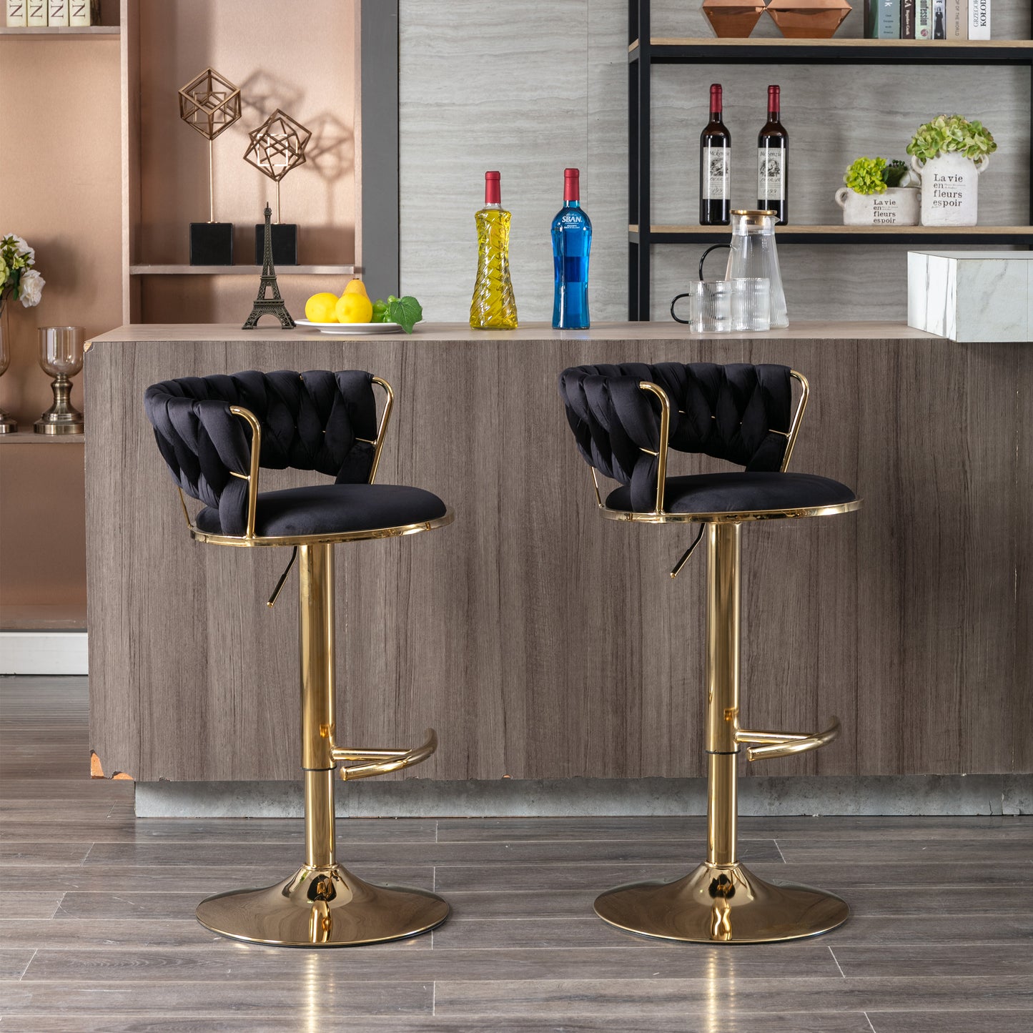 Set of 2  Bar Stools,with Chrome Footrest and Base Swivel Height Adjustable Mechanical Lifting Velvet + Golden Leg Simple Bar Stool-Black