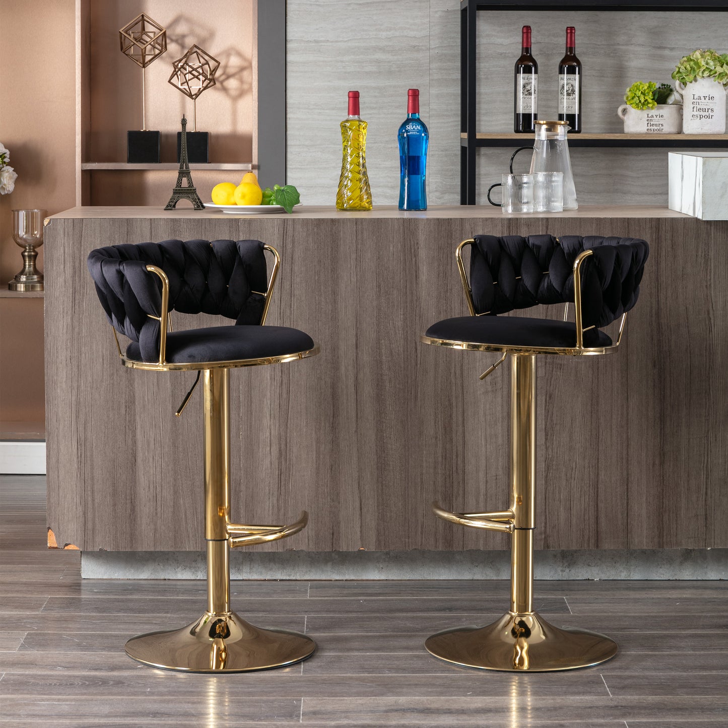 Set of 2  Bar Stools,with Chrome Footrest and Base Swivel Height Adjustable Mechanical Lifting Velvet + Golden Leg Simple Bar Stool-Black