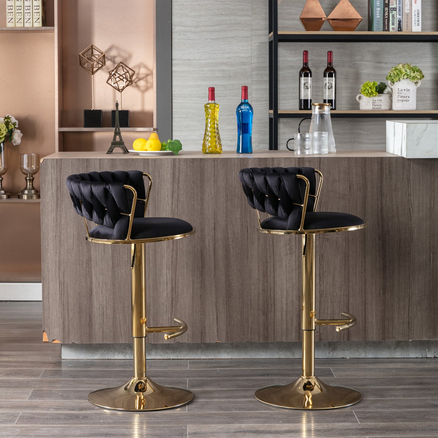 Set of 2  Bar Stools,with Chrome Footrest and Base Swivel Height Adjustable Mechanical Lifting Velvet + Golden Leg Simple Bar Stool-Black