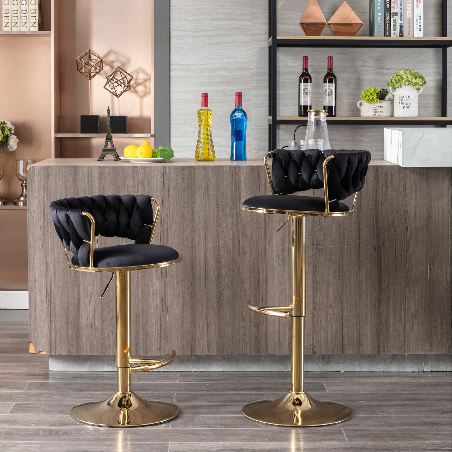 Set of 2  Bar Stools,with Chrome Footrest and Base Swivel Height Adjustable Mechanical Lifting Velvet + Golden Leg Simple Bar Stool-Black