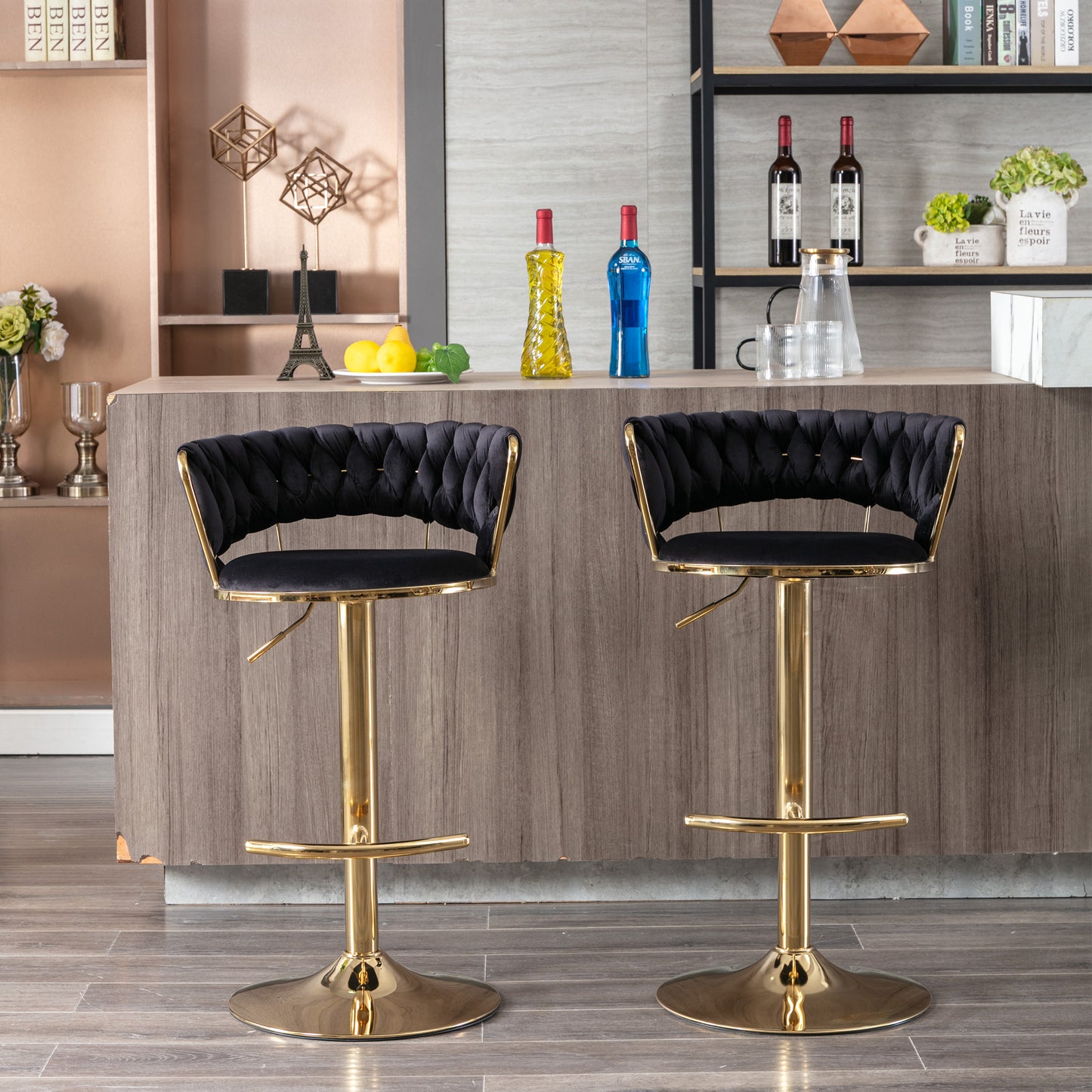 Set of 2  Bar Stools,with Chrome Footrest and Base Swivel Height Adjustable Mechanical Lifting Velvet + Golden Leg Simple Bar Stool-Black