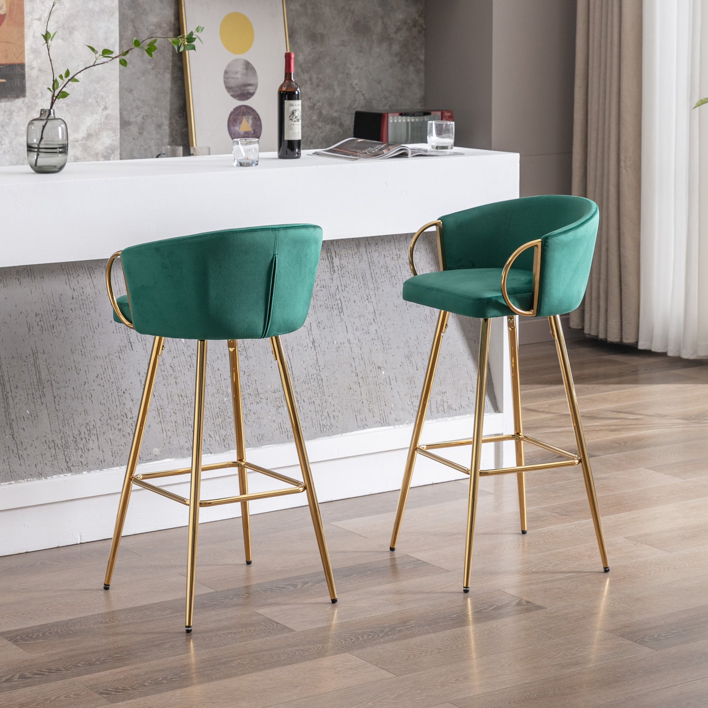 26 Inch Set of 2 Bar Stools,with Chrome Footrest and Base Velvet + Golden Leg Simple Bar Stool,GREEN