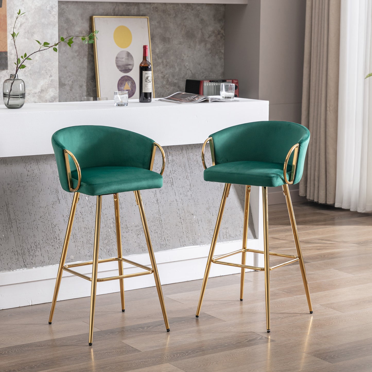 26 Inch Set of 2 Bar Stools,with Chrome Footrest and Base Velvet + Golden Leg Simple Bar Stool,GREEN